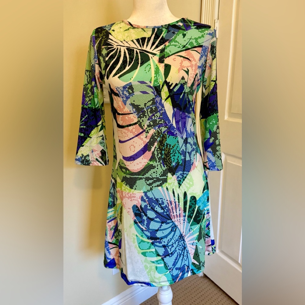 Jean-Pierre Klifa Paris - pull on washable dress in green, pink, blue Sz S - Picture 1 of 5
